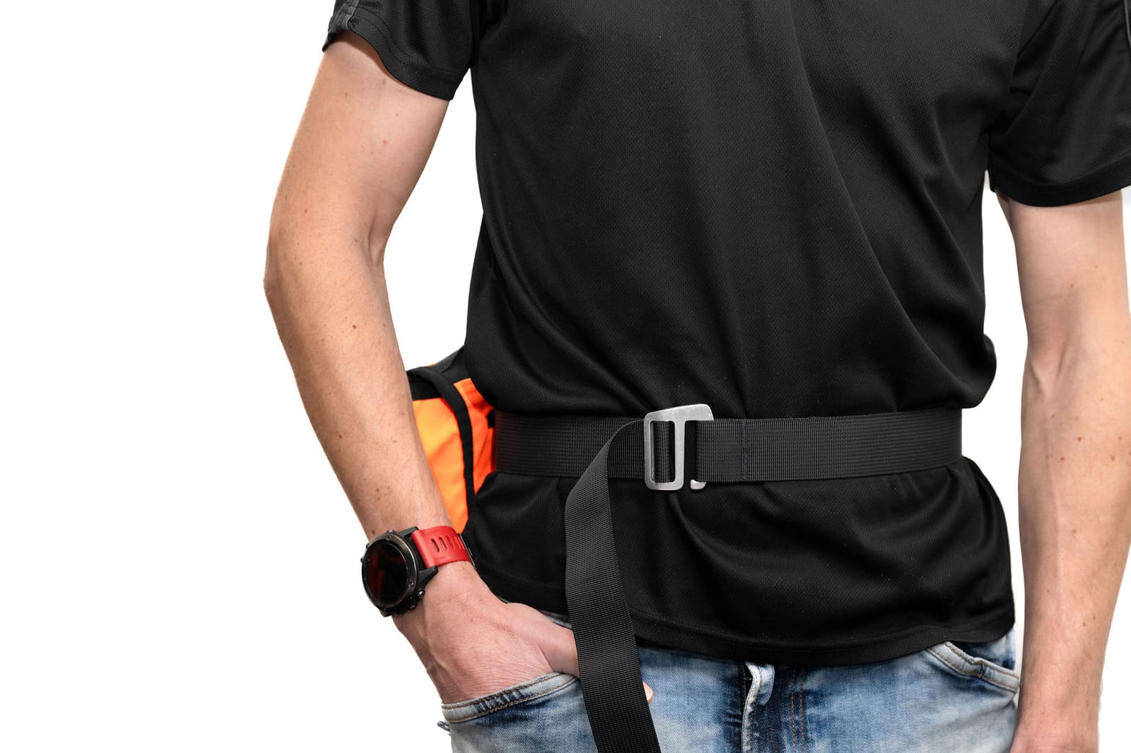 Belt-mounted personal sampling pump fitted to a worker